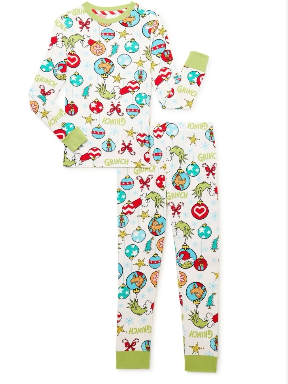 The Grinch Women’s White Holiday Pajama Set with Green Trim Sz S